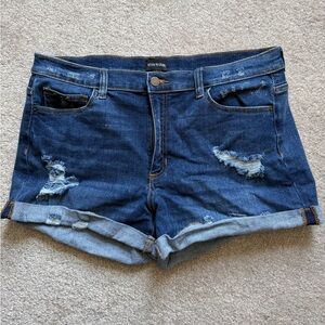 Distressed Dark Blue Denim Roll-Cuff Jean Shorts